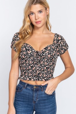 ACTIVE BASIC Short Slv Smocking Print Woven Top