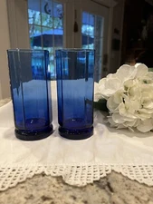 Cobalt Blue Tumblers Iced Tea 16oz Heavy Rectangle Panels Vtg 2