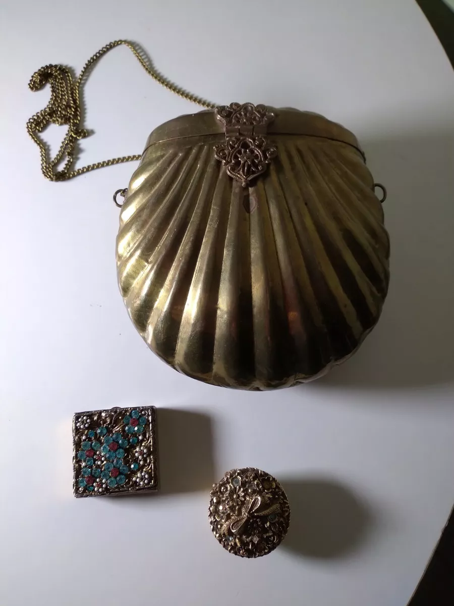 Antique Solid Brass Deco Clam Shell Purse W/Chain Strap velvet Lined Vintage