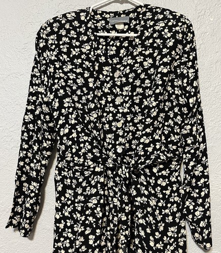 Carol Anderson Blouse Black Tunic Floral Button Up Shirt Women Vtg Sz 12 Belted - Picture 2 of 11