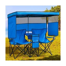 Double Camping Chair with Canopy Shade Beach Chairs with Cup Holder Cooler Ba...