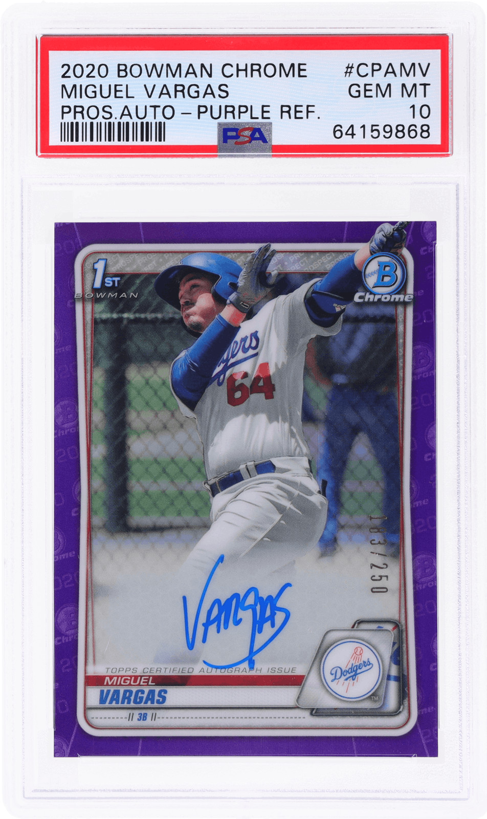 2020 Bowman Miguel Vargas Chrome Prospect Auto Purple Refractor /250 PSA 10