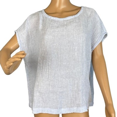Tahari Women's Split Hem Linen Blouse Light Blue Bamboo Buttons Size S 