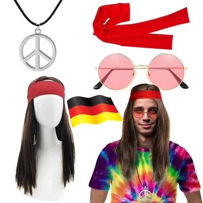 MARKENLOS Hippie Kostüm Herren Set, 70Er Jahre Bekleidung Herren, Perücke Herren, Fasching