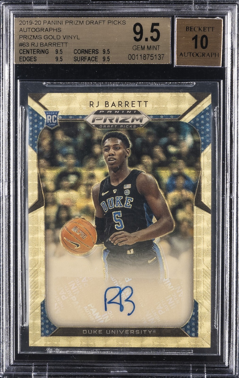 2019 PANINI PRIZM DRAFT PICKS AUTO GOLD VINYL #63 RJ BARRETT 1/5 BGS 9.5 AUTO 10 view 1