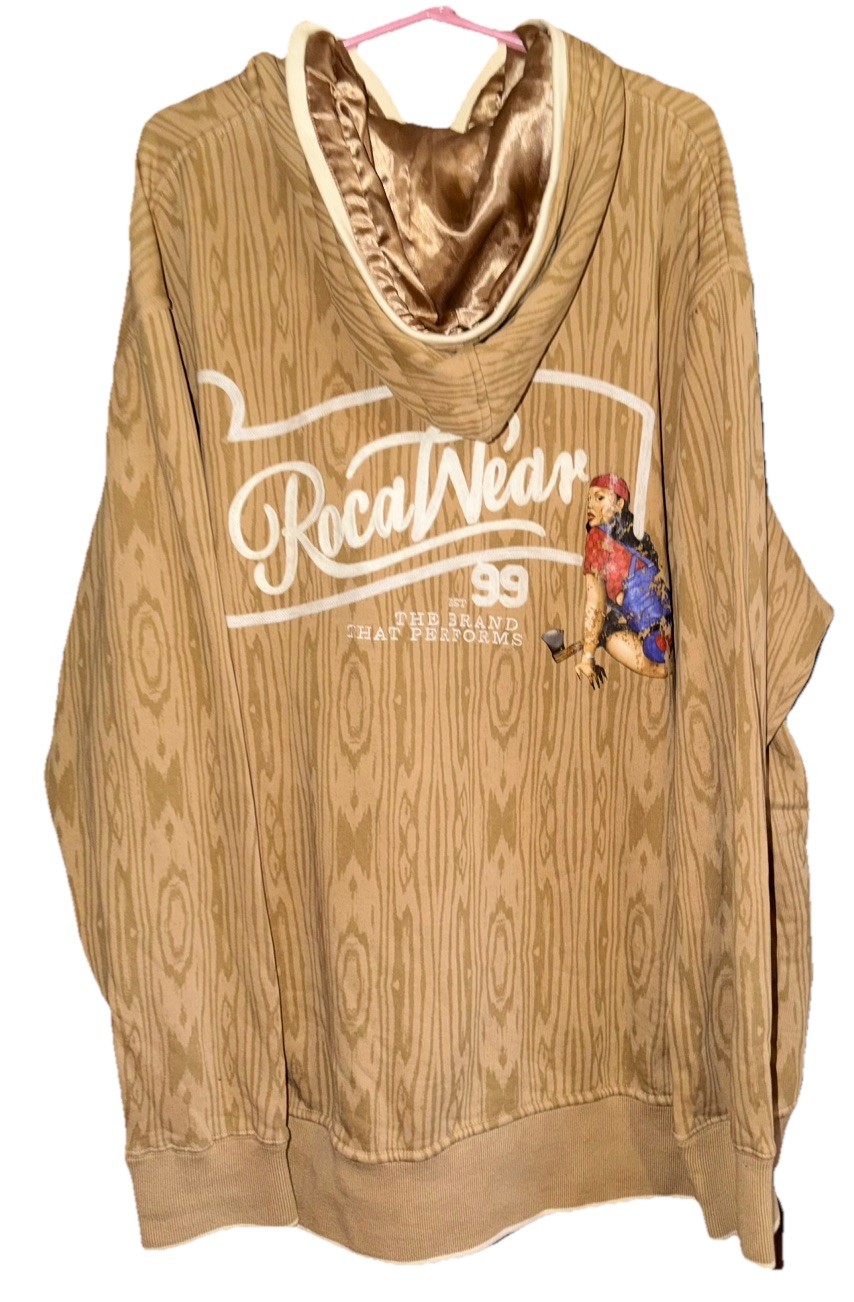 Vtg Y2K Rocawear Brown Wood Grain Design Full Zip Spellout Logo Hoodie Mens 3XL