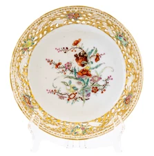 Chinese Qianlong Porcelain Saucer Gilt Reticulated Famille Rose Period 18th C