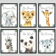 Baby Safari Animals for Girl or Boy Nursery Bedroom, Set of 6 Unframed Wall A...
