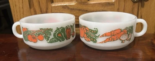 2 Vintage Handle Soup Bowls Glasbake Vegetable Decor Milk Glass Stackable