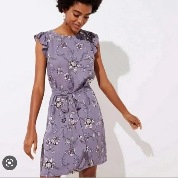 Loft Women's Light Purple Floral Ruffle Sleeve Dress, Tie-Waist, Size Small