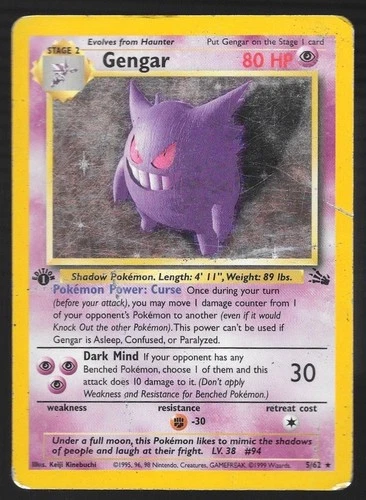 Pokemon TCG Fossil 1st Edition #5/62 Gengar Holo Rare - Vintage