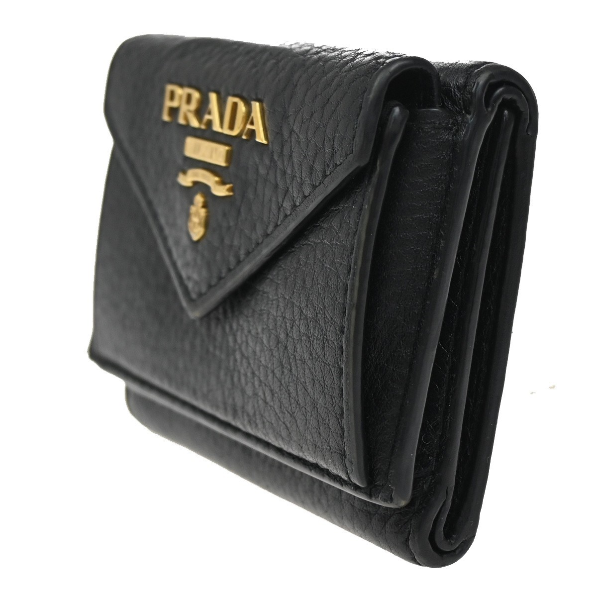 PRADA Logo Mini Compact Trifold Wallet Vitello Leather Black GHW
