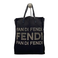 FENDI Tote Bag Decalogo Studs One Shoulder Bag Black Canvas Leather Used