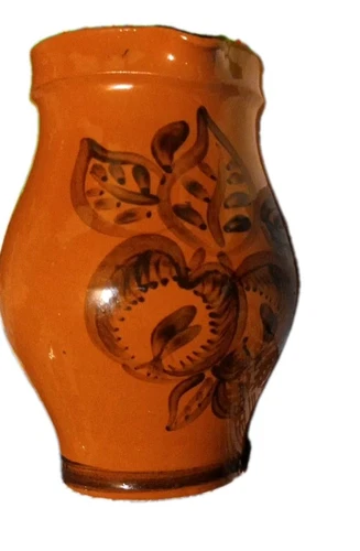 vintage made in Sweden pottery pitcher / Burnt Oranger with Fruit and  handle