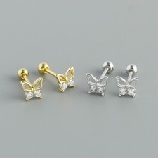 CZ Butterfly Stud Earrings 925 Sterling Silver Screw Back Piercing Earrings