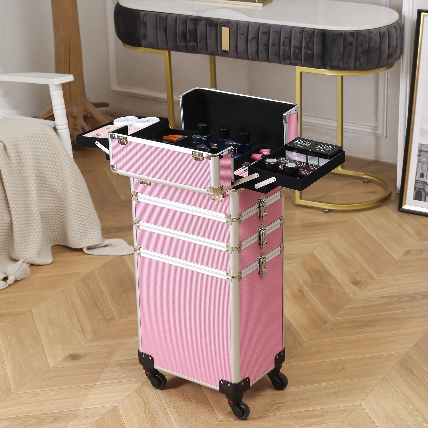 Portable 4 in 1 Aluminum Cosmetic Makeup Case Tattoo Box Pink Professional NEW