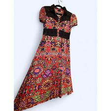 ASOS Boho Floral Aztec Midi Dress US 8 Black Crochet Lace Accent Button Front