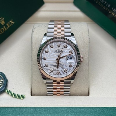 Rolex Datejust 36 Silver Diamond Palm Motif Two Tone Everose Gold Fluted Jubilee