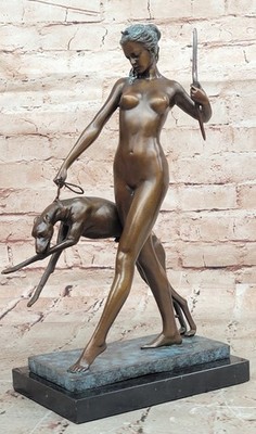 Art Deco 1920 Style Nude Diana the Huntress Dogs Bronze Statue Sculpture Figure