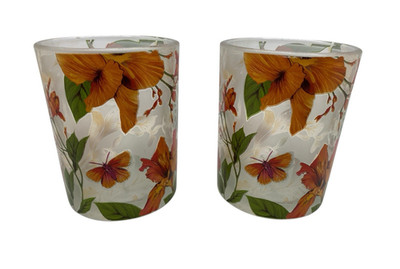 Pair PartyLite 4'' Frosted Glass Candle Holders Floral Orange Lilies Butterflies