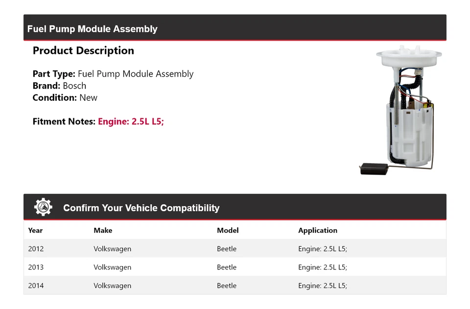 Conjunto de módulo de bomba de combustible Bosch 2013 para Volkswagen Beetle 2012-2014 2,5 L L5 Foto 2 de 4