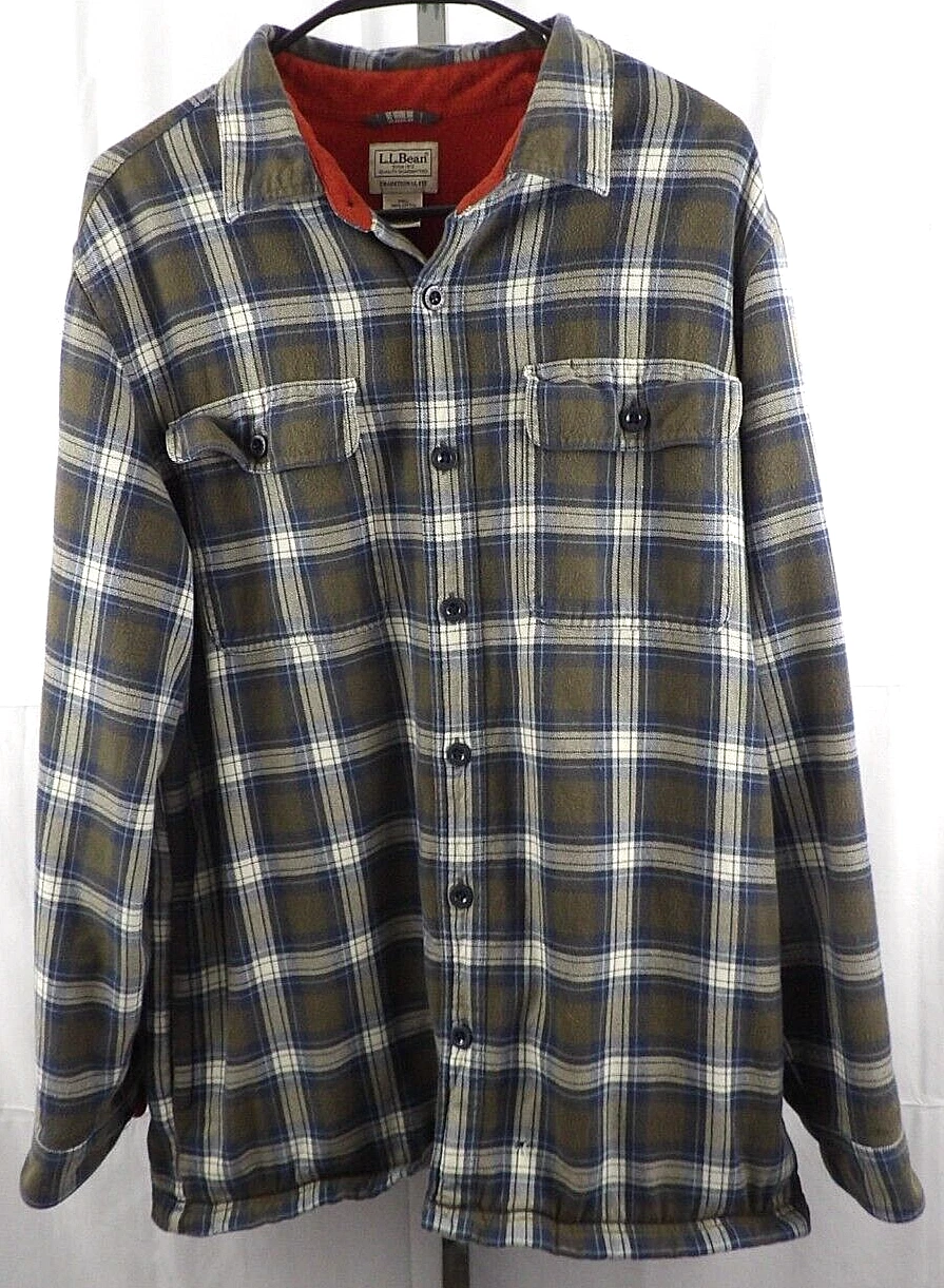 LL Bean Button Up Long Sleeve Fleece Lined Brown Plaid Shacket Size Large