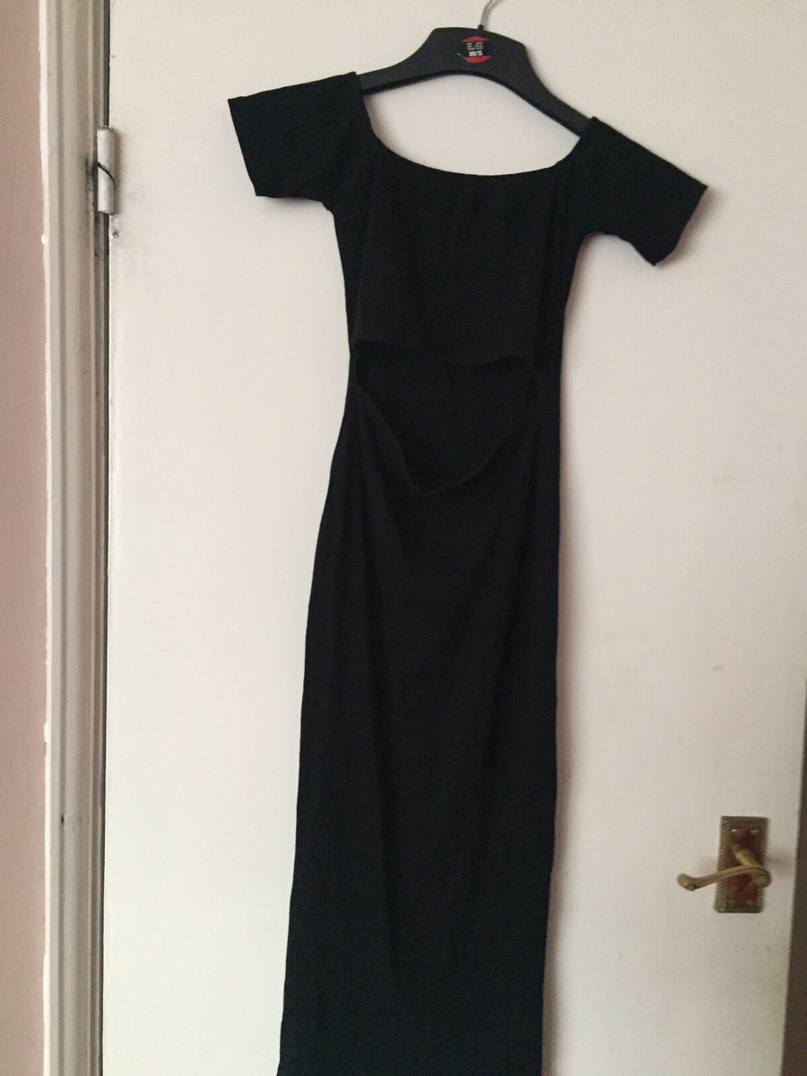 Pretty Little Thing Black Ribbed Cut Out Front Midi Dress Size 12