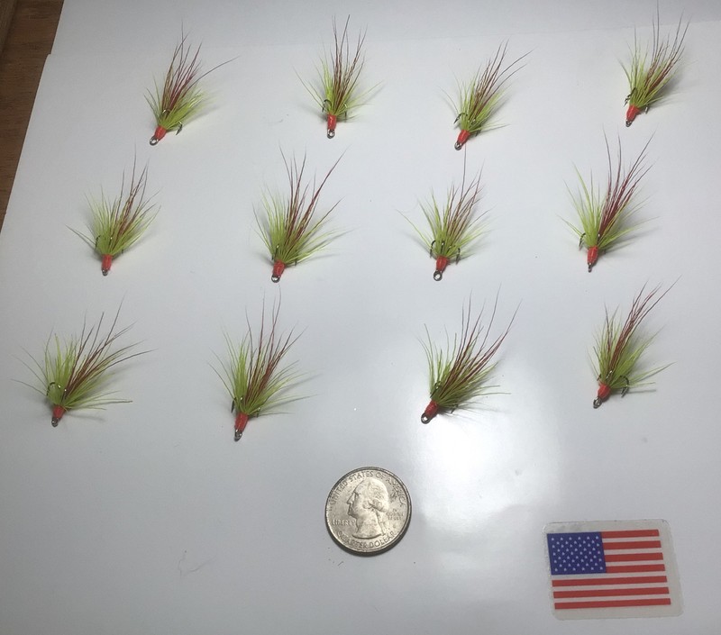12 Dressed Treble Hooks Size 12 .With chartreuse Deer Hair . Fishing Fly Tying