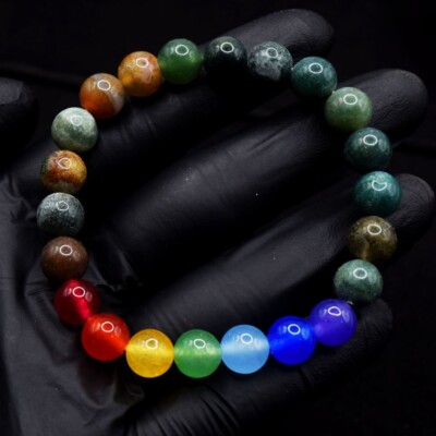 Sieben Chakra & Moosachat 90,00 kt dehnbares Armband Perlen VK 59 E645