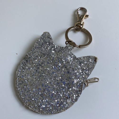 Crewcuts J Crew Glitter Cat Coin Purse Bag Silver Girls Sequin Wallet Keychain - Picture 5 of 6