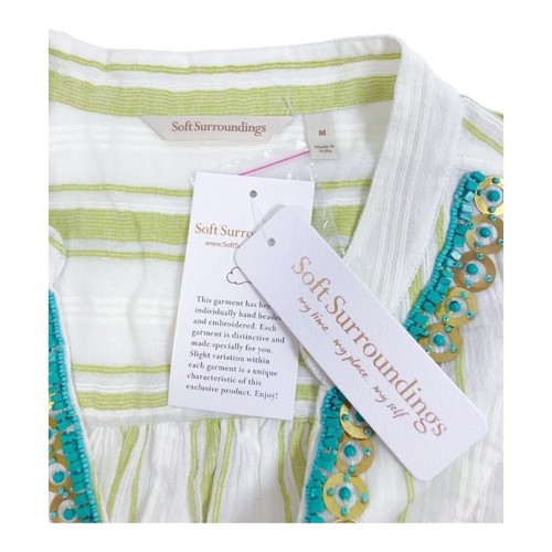 Soft Surroundings Ivory Light Green Striped Tunic Sz M Embroidered Gauze Pockets - Picture 7 of 8