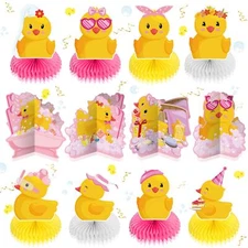 Teling 12 Pcs Duck Birthday Decorations Pink Duck Honeycomb Centerpieces Rubb...