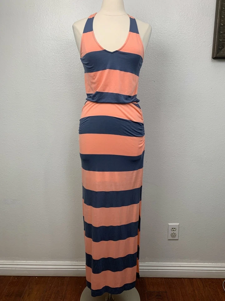 Espléndido Maxi Vestido Sin Mangas Cuello en V Rayas Gris Rosa Talla S Foto 2 de 4