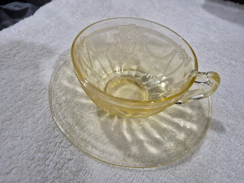 Cup and Saucer Hocking Cameo Ballerina Yellow Depression Glass Vintage