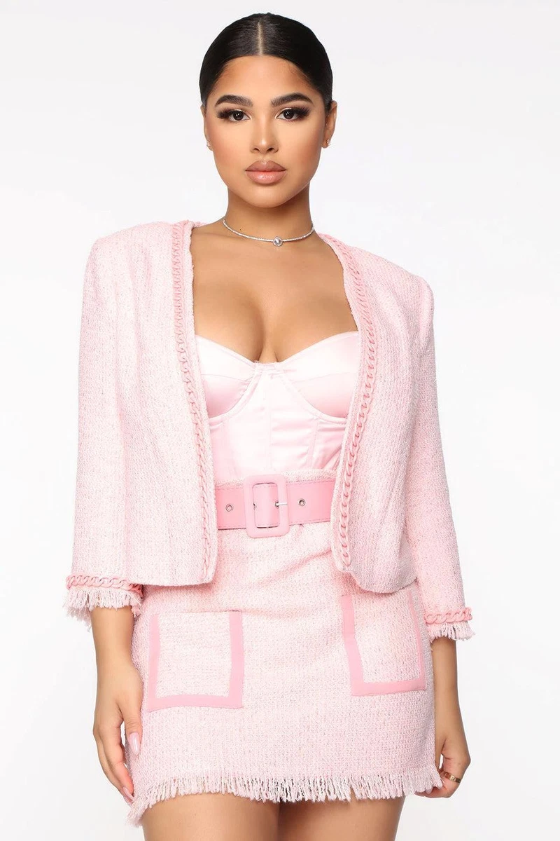 NWT Fashion Nova Barbiecore Pink Tweed Jacket Skirt Set with