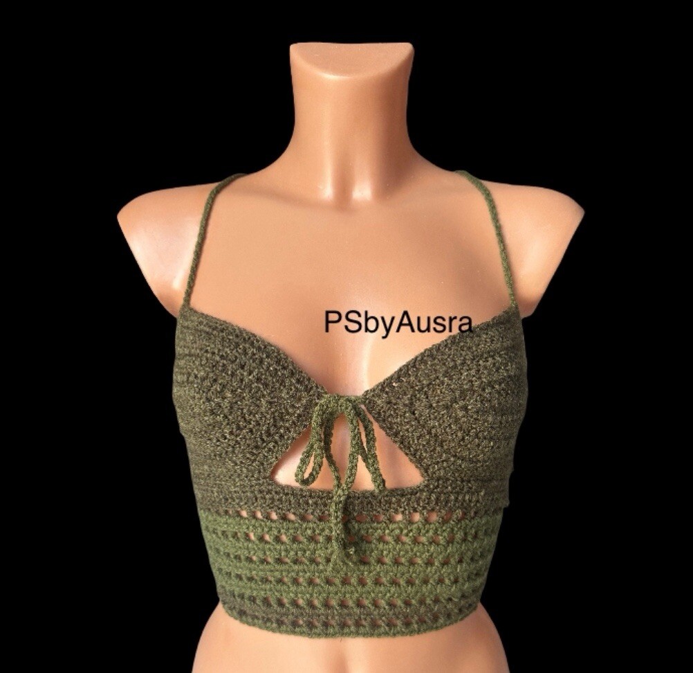 Crochet Top Boho Holiday Halter Cami Tank Tops psbyausra Green