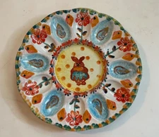 Italy Easter Bunny Devilled Egg Platter Rabbit Bunnies 11” Signed VTG Pottery