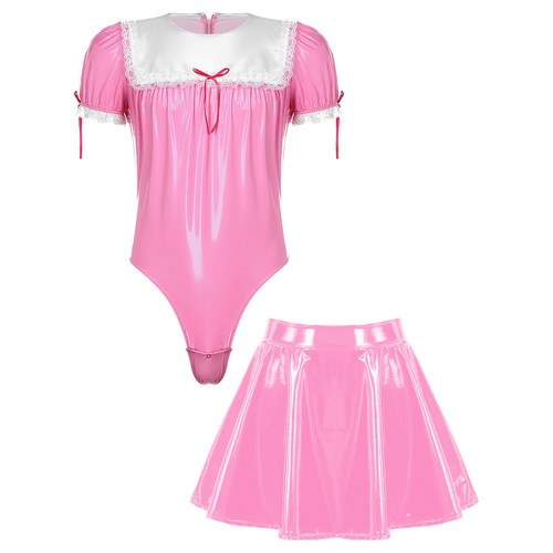 Men's Sissy Maid Cosplay Costume PVC Leather Bodysuit Leotard with Skirt Uniform - Picture 8 of 30