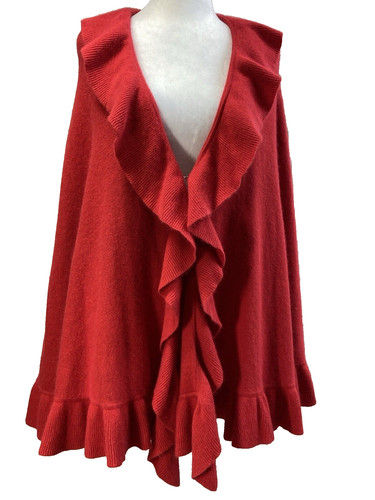 Boston Proper Pancho Womens Red Open Front Ruffle Angora Cape Wrap Romantic