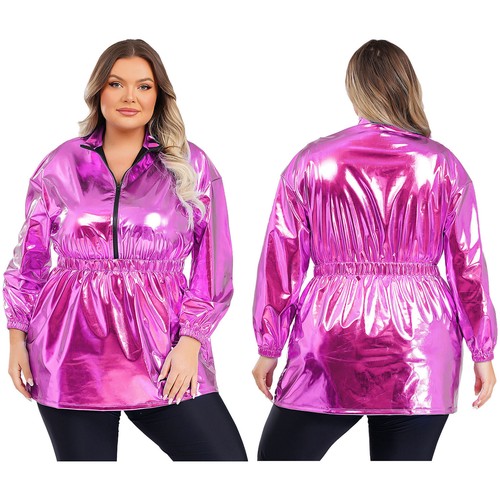 Damen Kleid Metallic A-Linie Stehkragen Übergröße Langarm Shirtkleid - Bild 16 von 46