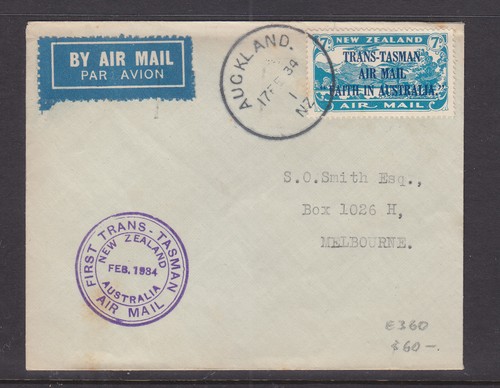 1934 NEW ZEALAND FLIGHT COVER TRANS-TASMAN AIR MAIL AUCKLAND TO MELBOURNE