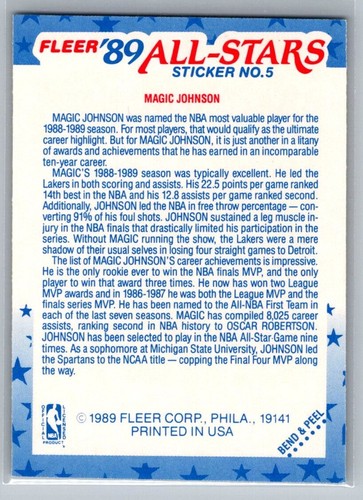 Magic Johnson 1989 Fleer All Star Stickers #5 - Picture 2 of 2