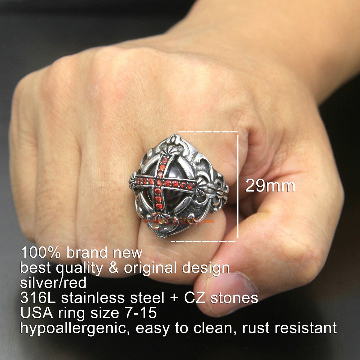 Men Crusader Templar Cross Christian Huge Oval Ruby CZ 316L