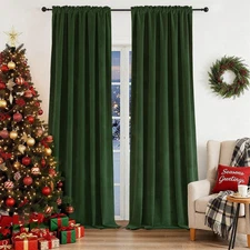 Dark Olive Green Velvet 100% Blackout Curtains 90 inches Long, Thermal Insula...