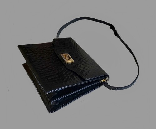 True Vintage Céline Lederhandtasche 80er Schwarz Kroko Glanzgestoßen - Bild 9 von 13