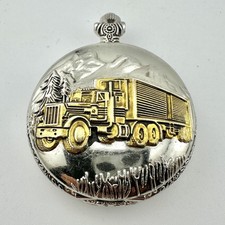 Novelty Quartz Pocket Watch Embossed Semi Truck Mountains Silver Gold Tone 18