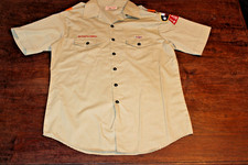 Boy Scouts of America BSA Men's Shirt Tan Large Sewn Patches Short Sleeve