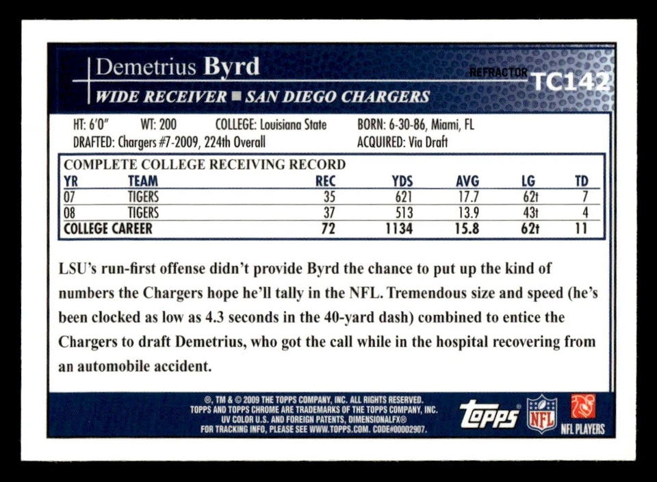 Demetrius Byrd 2009 Topps Chrome #TC142 Blue Refractors - Image 2 of 2