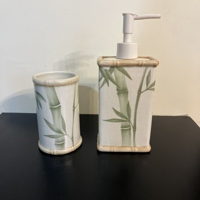 Vintage Ceramic Bamboo Hand Painted Cup And Soap Dispenser Unbranded