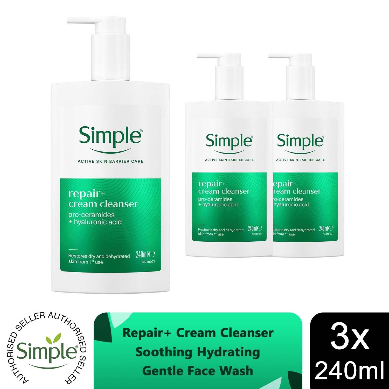 Simple Repair+ Cream Cleanser 240ml Soothing Hydrating Face Wash 3 Pack